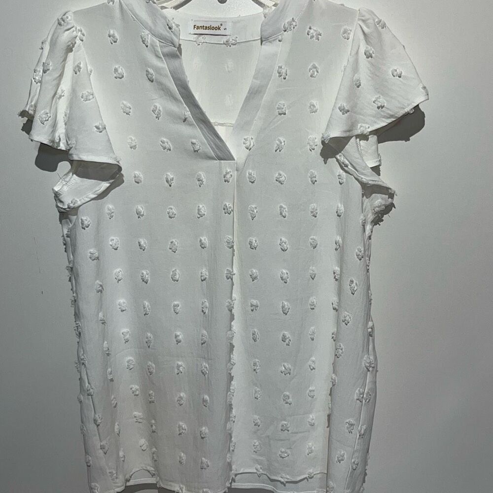 Fantaslook Women's White Swiss Dot V-Neck Flutter Short Sleeve Blouse Size Small